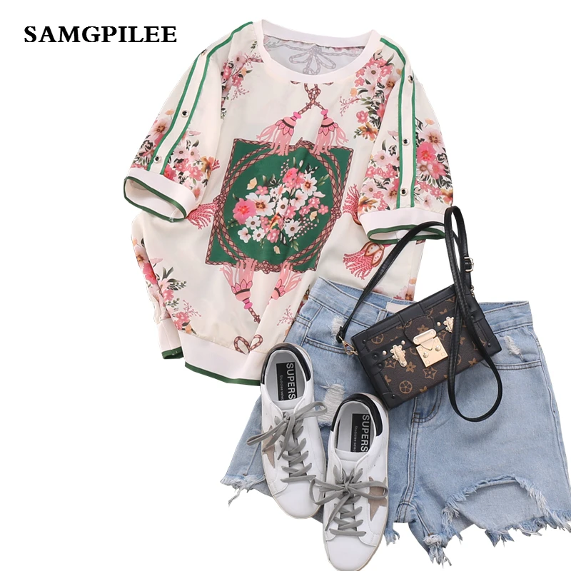 Женские шифоновые блузки и рубашки с коротким рукавом принтом летняя