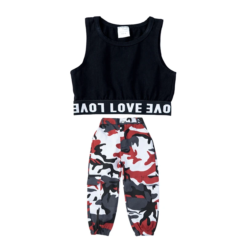 Костюмы для джазовых танцев черный жилет девочек красные камуфляжные брюки