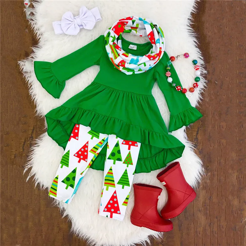 Xmas Kids Children Baby Girls Christmas Long Sleeve T-shirt Tops+ Tree Printed Long Pants Leggings+Headband Outfits Clothes