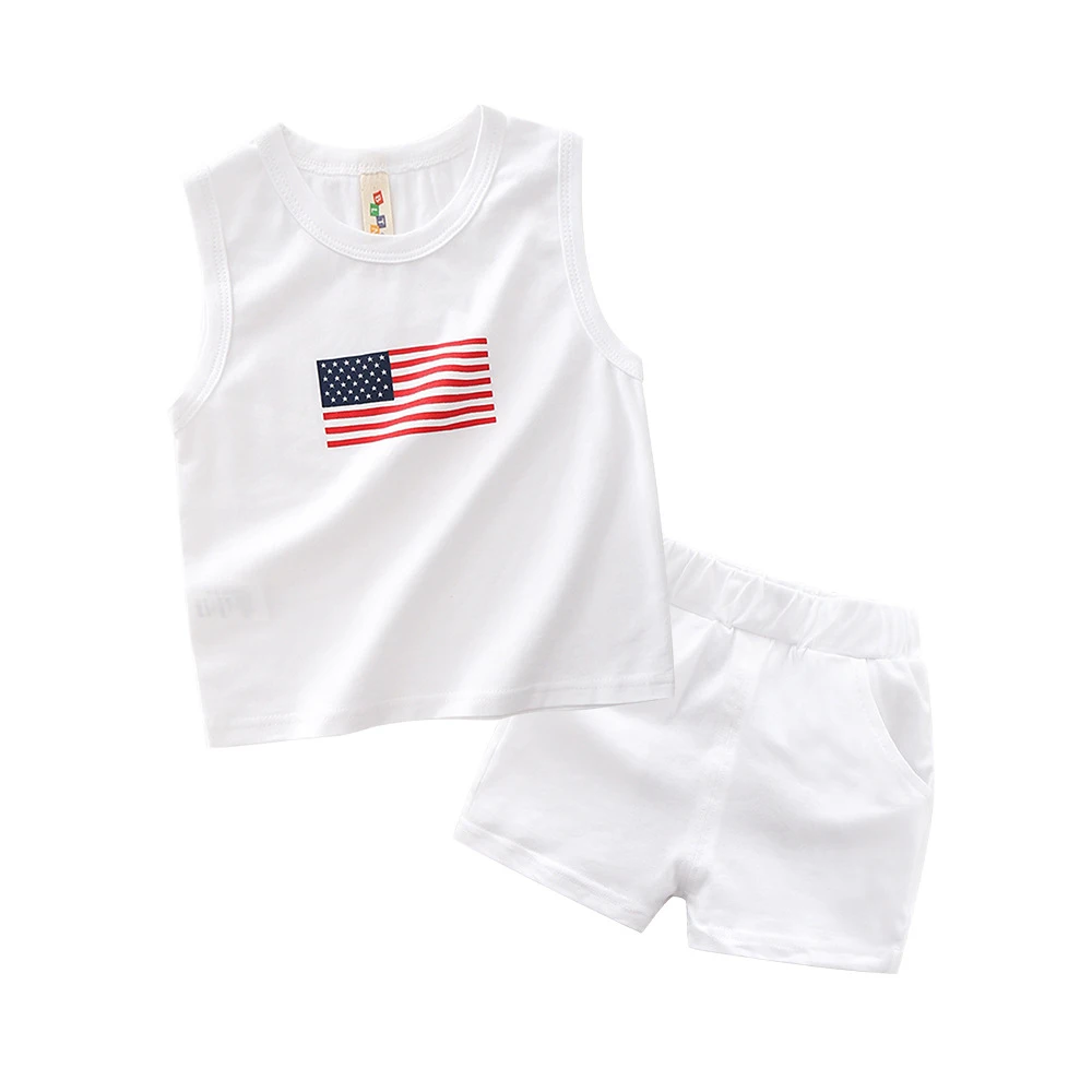 White(USA flag) Летняя хлопковая одежда для мальчиков из 2 предметов принт флага США детский спортивный костюм модный детский комплект без рукавов - Цвет: White(USA flag)