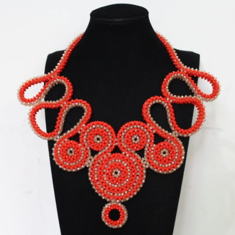 Dudo Bridal Necklace Orange and Gold Geometric African Style Nigerian Beads Bridal Jewelry Set For Party Women 2019 Crystal Set