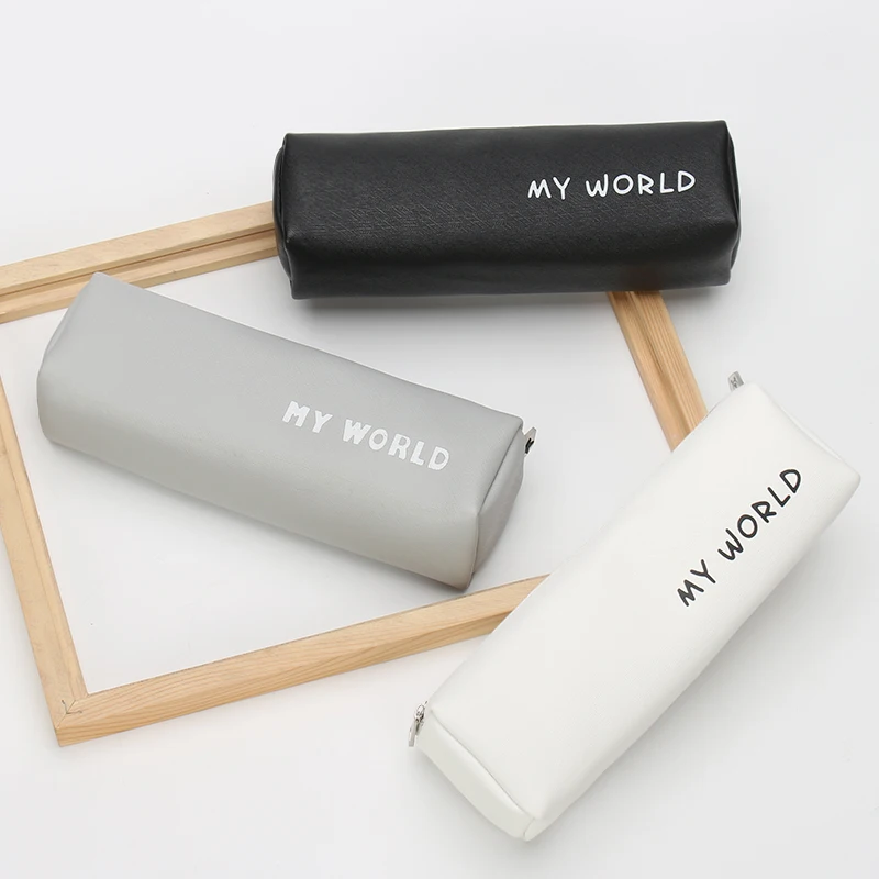 

PU Leather Pencil Bag My World Pen Bag Metal Zipper Pencil Case Korea Stationery Gift Pen Holder School Supplies Simple Style