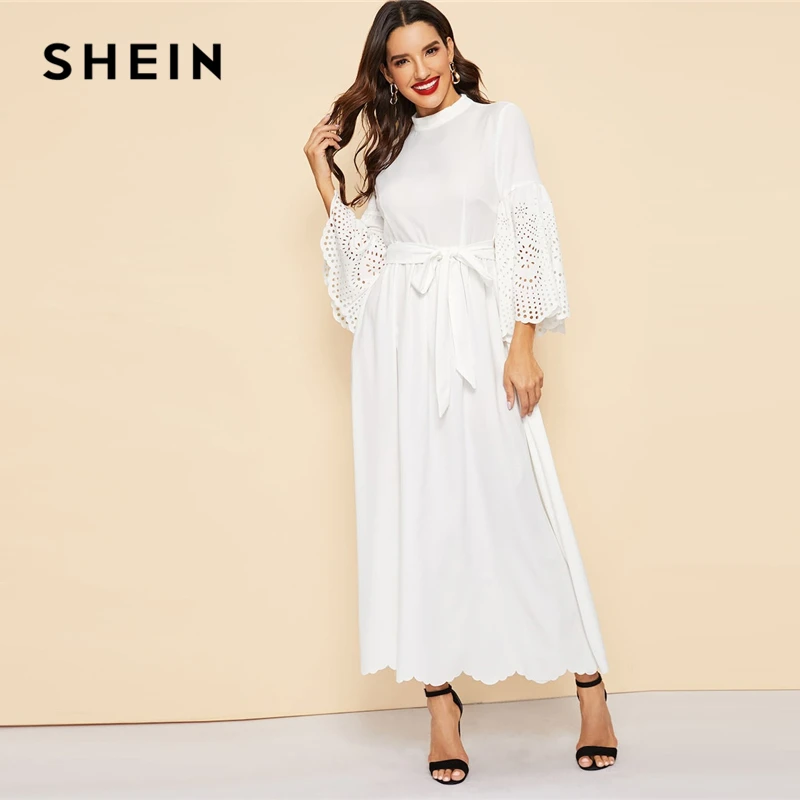 SHEIN Длинное Платье С Поясом И Кружевным Рукавом, Приталенное Платье С Кружевом, Макси Платье С Оригинальными Рукавами