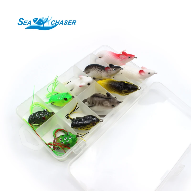 

2017 NEW 10pcs 10 colors Topwater Frog and Mouse Hollow Body Soft Fishing Lures Bass Hooks Baits Tackle Set and Tackle Box