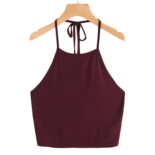 Burgundy SHEIN, Boho, сексуальный, с завязками, на шее, Одноцветный, укороченный, топик, женский, летний, тонкий, на бретелях, с открытой спиной, для девушек, базовые Топы на бретельках - Цвет: Burgundy