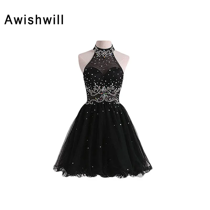 Женское вечернее платье Черное короткое с бисером и открытой спиной