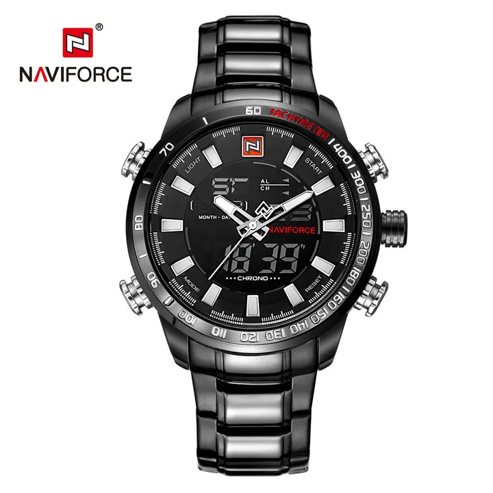 BLACK WHITE NAVIFORCE, роскошные Брендовые мужские синие часы, модные кварцевые часы с двойным дисплеем, ремешок из нержавеющей стали, водонепроницаемые, светодиодный, цифровые часы - Цвет: BLACK WHITE