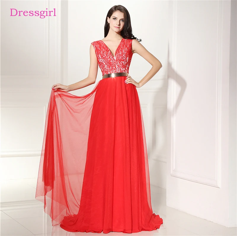 

Red Evening Dresses 2017 A-line V-neck Cap Sleeves Tulle Lace Beaded Sash Elegant Long Evening Gown Prom Dress Robe De Soiree