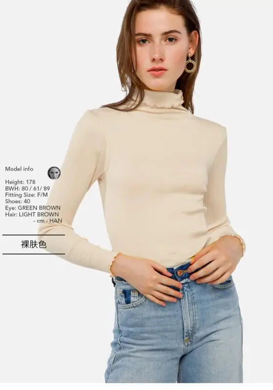 Fall Winter Women pullovers 80%Natural Silk 20%Cotton Turtleneck Rib knits shirt long sleeved Solid sweater Basic top |