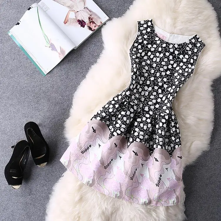 Новое поступление, Vestidos, летние повседневные платья с круглым вырезом, без рукавов, с принтом, женское винтажное платье принцессы, Черная Женская праздничная одежда