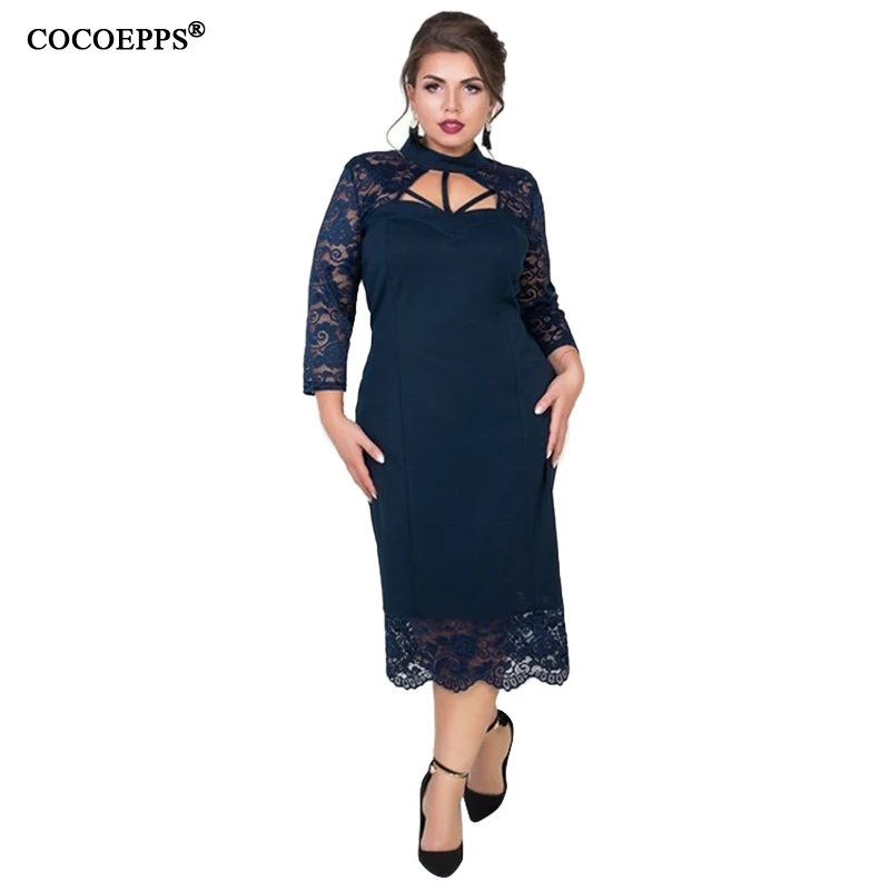 COOEPPS Осеннее женское платье кружевное с вырезом зимнее Vestidos большой размер