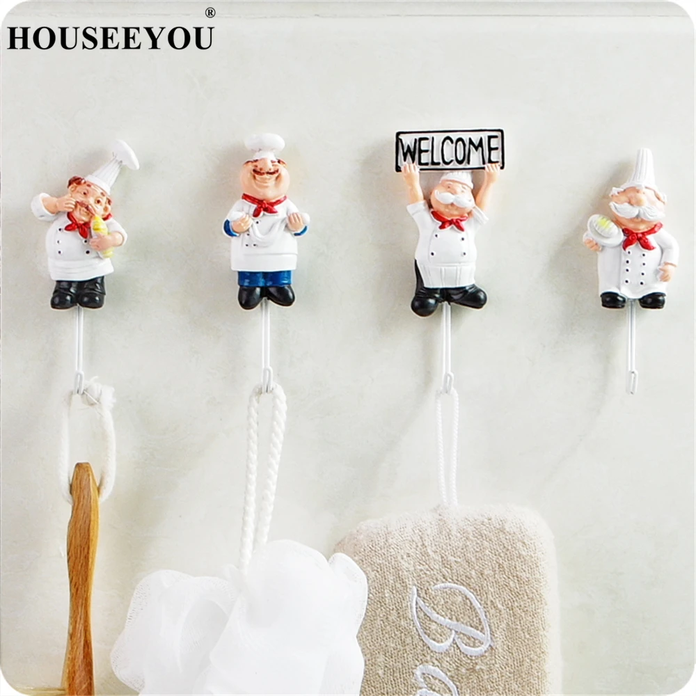 Смола мощный мультфильм шеф повар скульптура крюк клейкая вешалка настенный