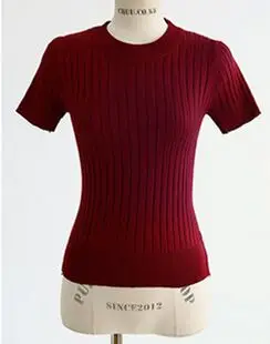 Burgundy Женские вязаные тонкие футболки с круглым вырезом и коротким рукавом, вязаные большие эластичные футболки для девочек, топы JH8078 - Цвет: Burgundy