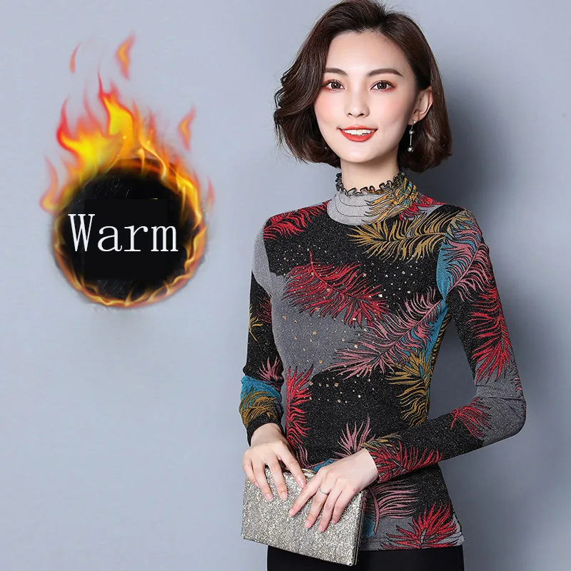 Блузка женская с длинным рукавом теплый элегантный топ принтом плотная