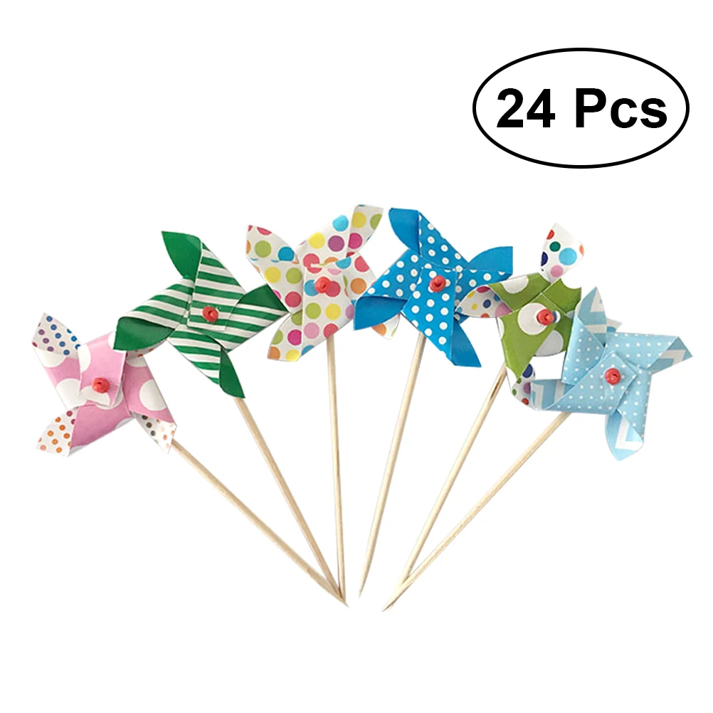 

24pcs Lovely Mini Windmill Cupcake Toppers Picks Cake Topper Insert Wedding Baby Shower Party Baking Decorations (Random Colors)