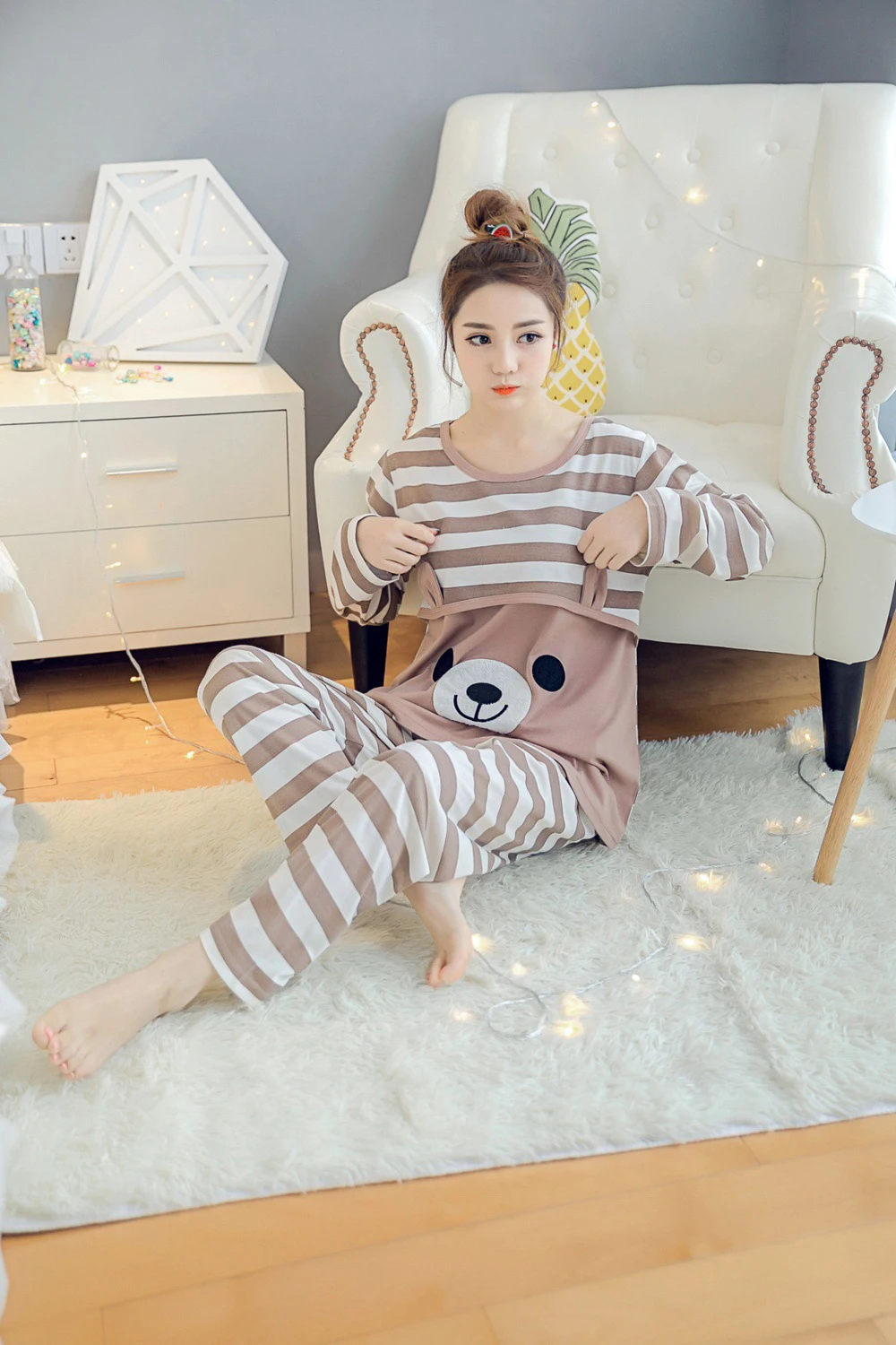Autumn Maternity Nightie for Feeding Set Pregnancy Clothing Plus Size Striped Clothes Suit Lactation Pajamas for Pregnant Women