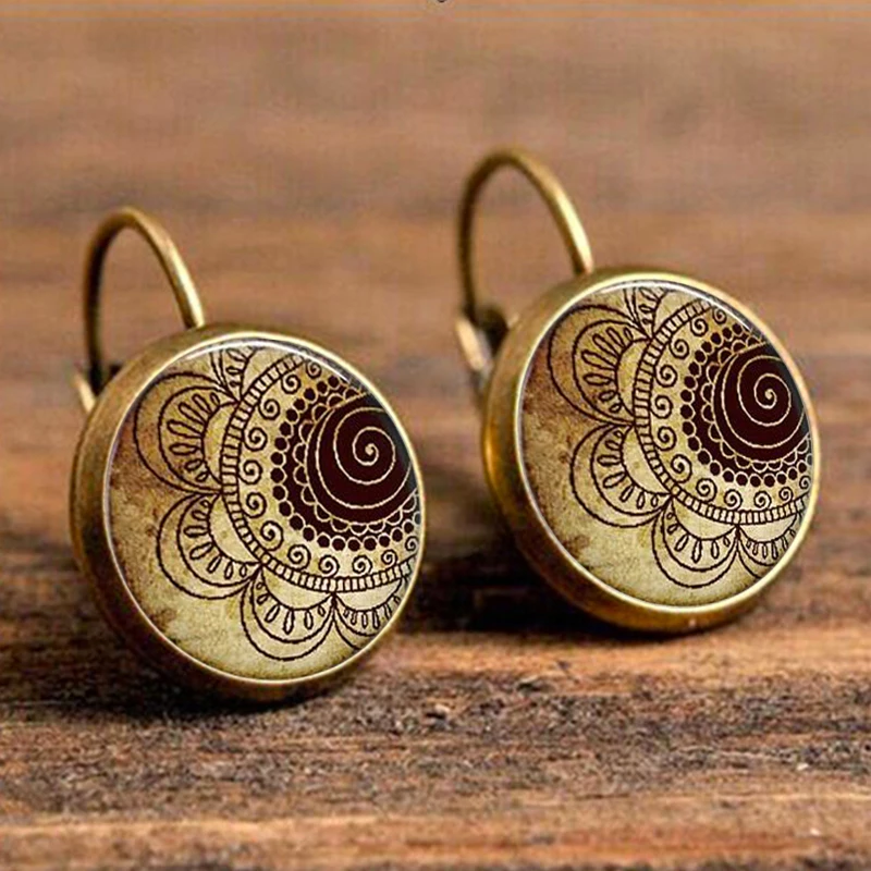 SUTEYI модные стеклянный купол серьги в ретро стиле йога Henna Mandala цветок крючки для