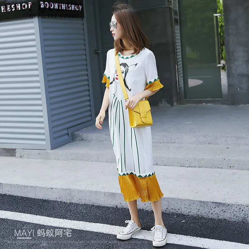 Женское платье футболка с круглым вырезом коротким рукавом и воланом|women dress|dress