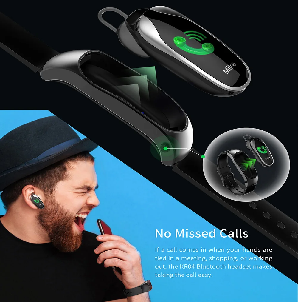 KingWear KR04 Bluetooth наушники Smartband 2 в 1 пульсометр Монитор артериального давления умный Браслет спортивный фитнес трекер группа