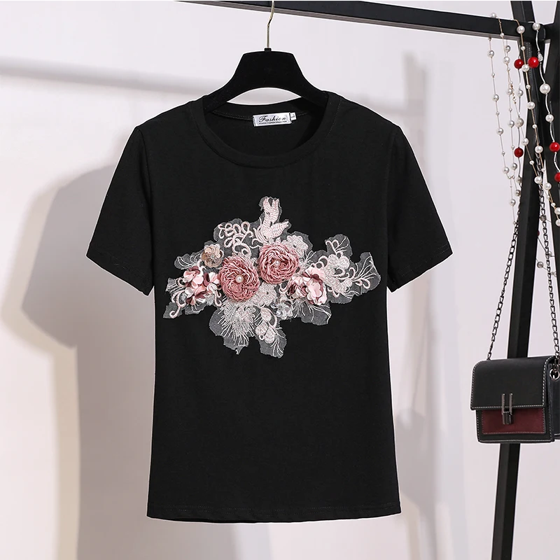 Женская Милая футболка с цветочной вышивкой круглый вырез короткий рукав