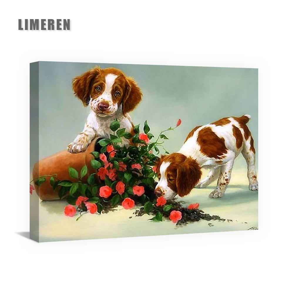 Щенок собака животные красная роза DIY акрил масло холст живопись по номерам