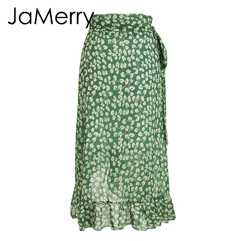 JaMerry, Boho, с высокой талией, с поясом, длинные юбки, женские, с цветочным рисунком, весна-лето, юбки, женские, асимметричные, с оборками, пляжные, летние юбки