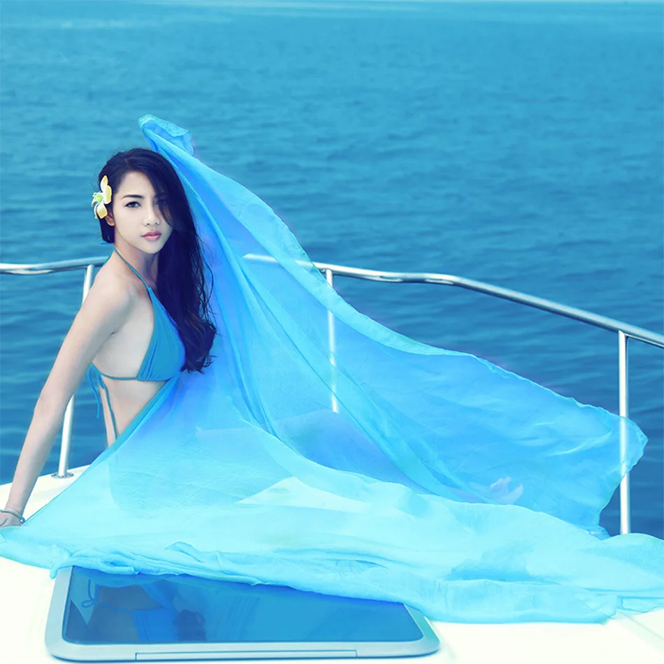 Женский пляжный шарф летний однотонный шелковый шифоновый большого размера