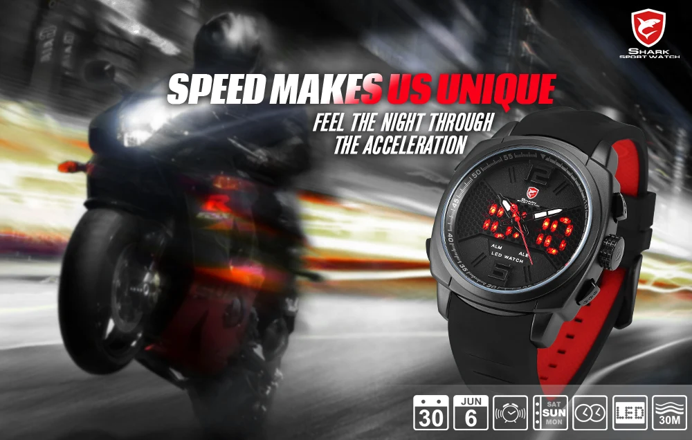 Cool New Whitetip Reef Shark Sport Watch LED Dual Time Zone Date Alarm Top Brand Silicone Quartz-Watch Relogio Masculino / SH486