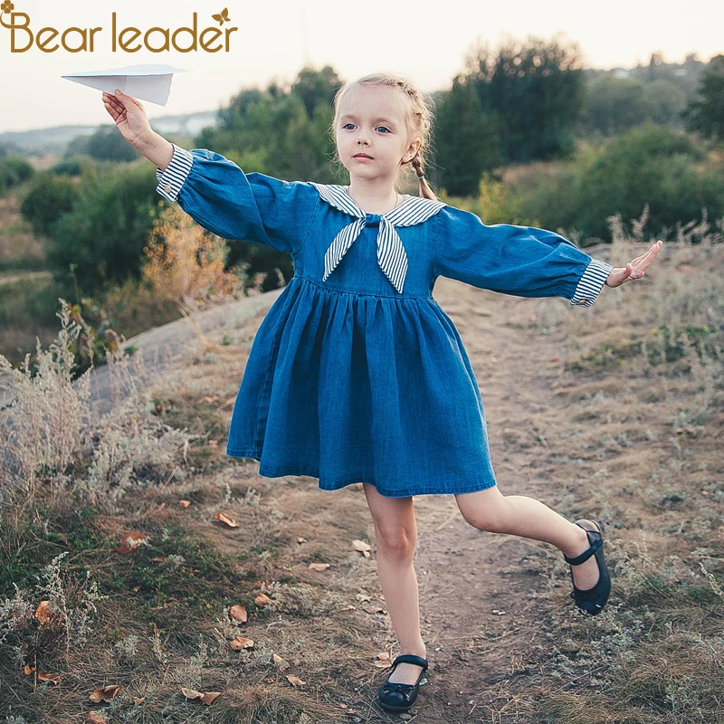 Платье из джинсовой ткани Bear Leader для девочек весеннее модное платье в полоску с