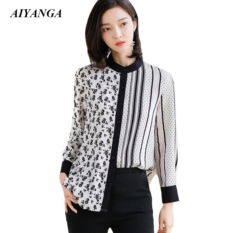 New OL Stripe Shirts Women 2019 Spring Blouses Long Sleeve Shirts Print Elegant Office Lady Shirts O Neck Tops
