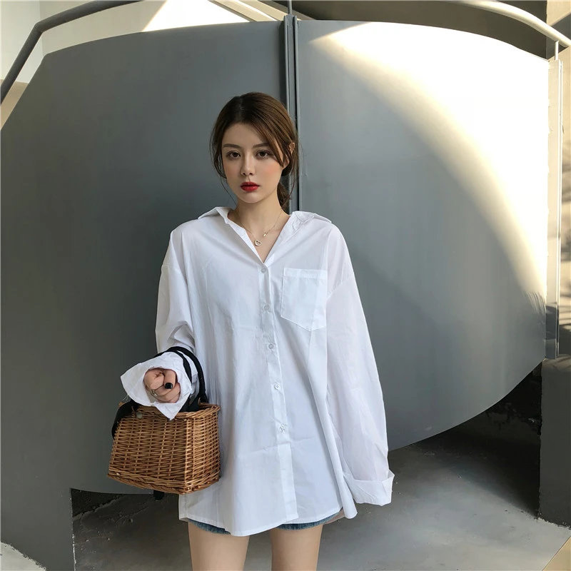 

Genuo 2019 Women Summer Autumn Women's Blouse Sunscreen Solid White Button Shirt Long Sleeve Casual Lose Shirt For Female