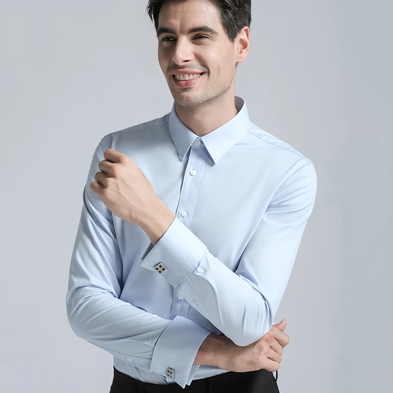 New Long Sleeves Cotton Men Dress Shirts  Solid Color Business Suits  Casual Regular Fit Cufflink Blouse