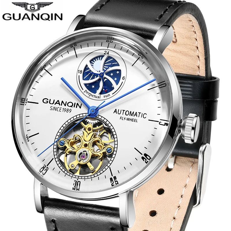Мужские автоматические часы GUANQIN Tourbillon механические с Лунной фазой Роскошные