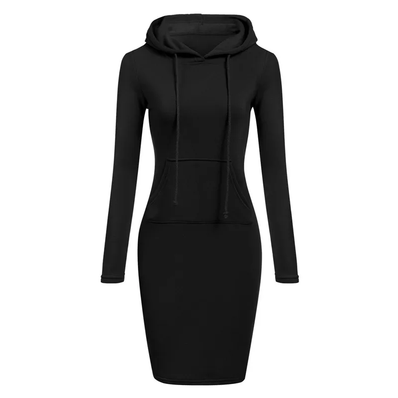 

New Women ladies autumn long sleeve Hoodie Sweatshirts mini dress casual fleece pockets solid pencil hooded mini dress plus size