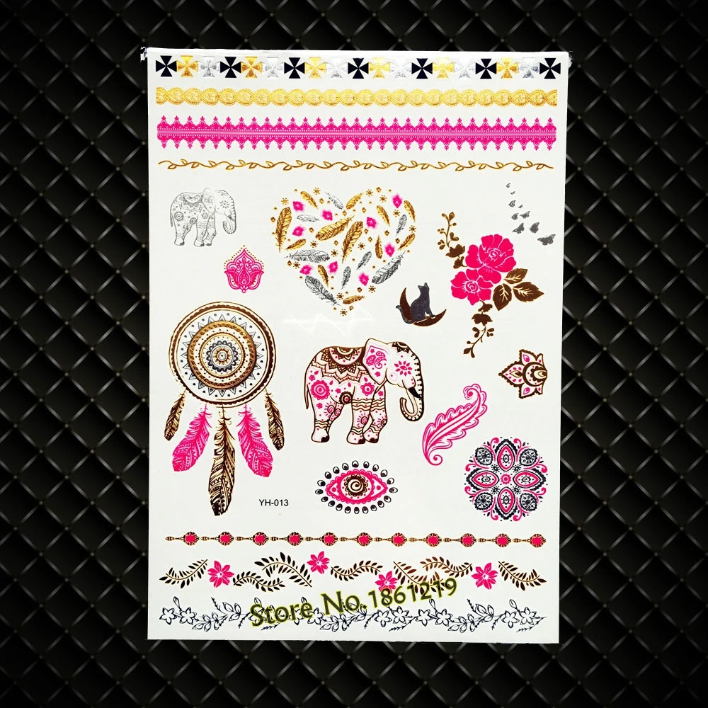 

New Beauty Flash Metallic Temporary Disposable Tattoo Makeup Health Indian Tattoo Choker Feather Designs GYH085 Fake Gold Tatoo
