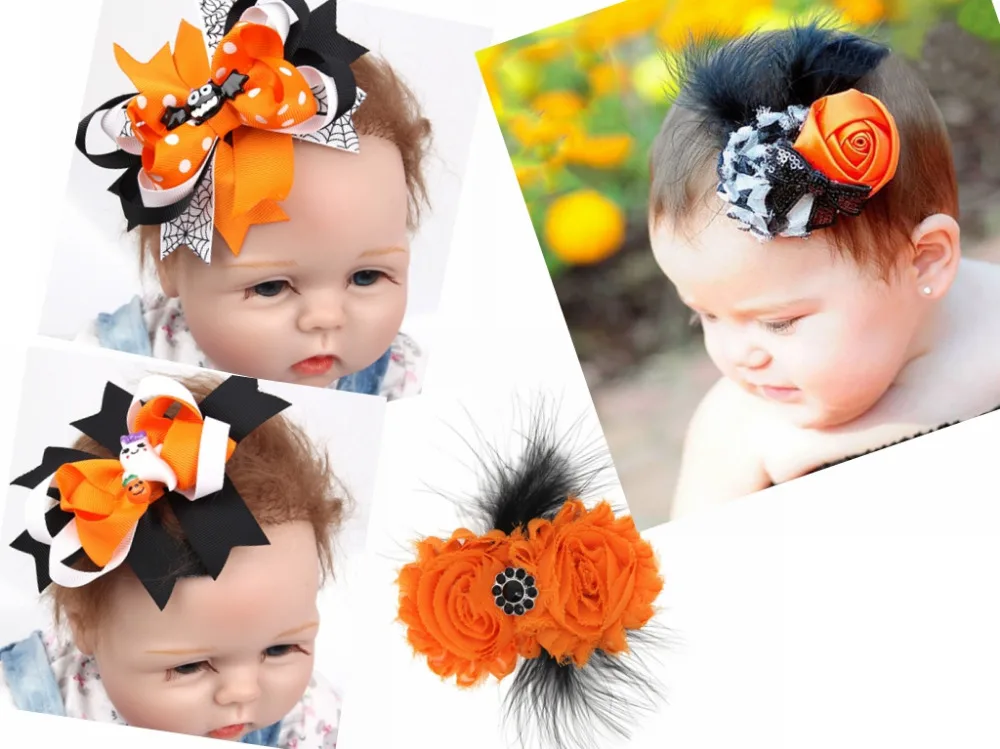 10pcs girl 5&quot Halloween carnival hair bows clip feather crystal bat spook cartoon pumpkin Elastic Hair Band bobbles WS025 | Аксессуары