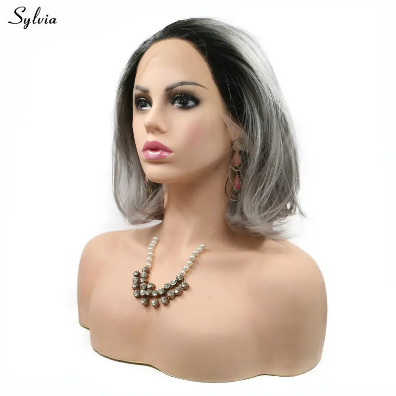 Sylvia короткий Боб Искусственные парики Черный корней до серый парик два Цвет