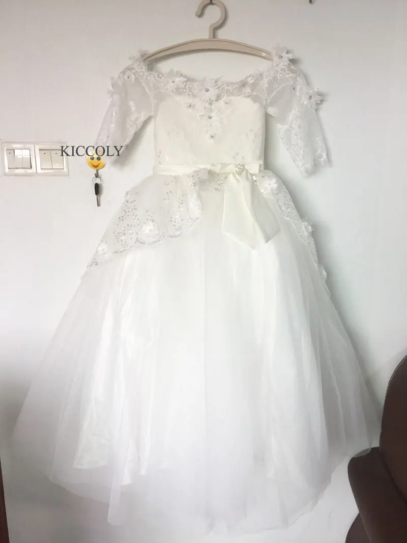 Fancy 2017 Elegant Ivory Half Sleeve Boat Neckline Holy First Communion Flower Girls Dresses Appliques Tulle Pageant Dress | Детская