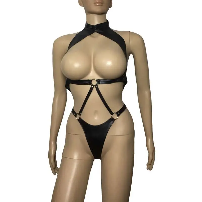 Женский сексуальный боди из искусственной кожи с обнаженной грудью купальник