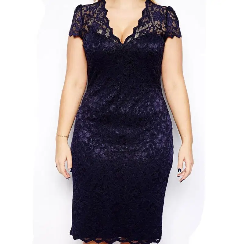 New Style Women Summer Dress Plus Size 4XL Sexy Pencil Bodycon Short Sleeve V Neck Slim Fit Blue Lace vestidos | Женская одежда
