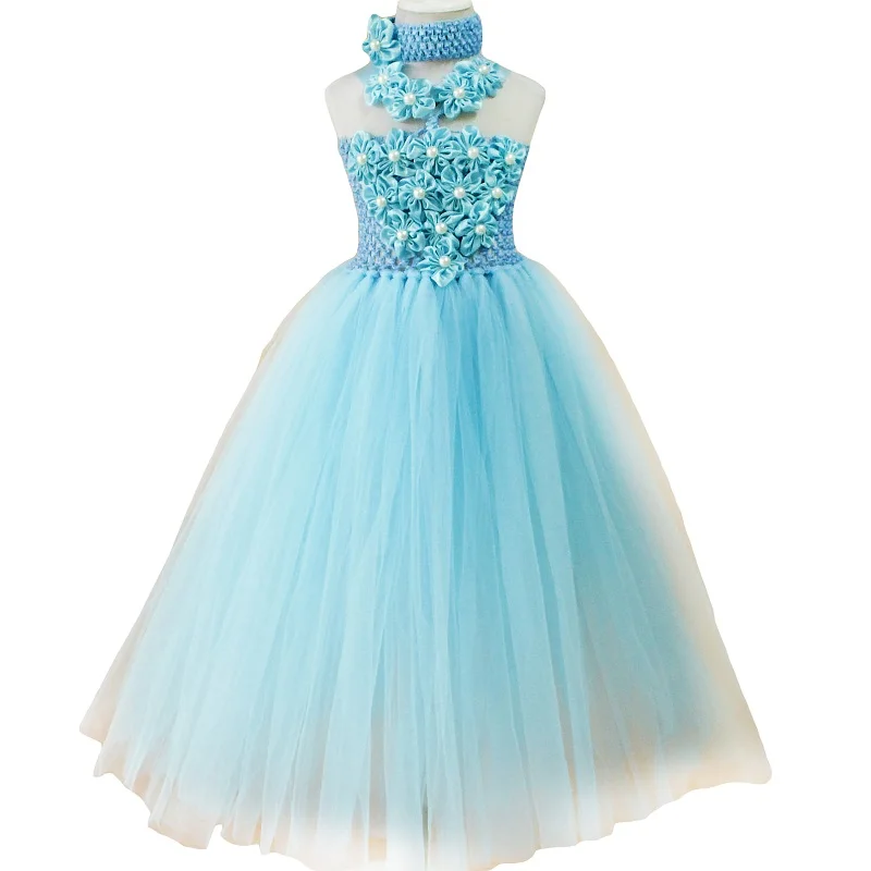 New light blue flower dress for girl summer kids dresses girls handmade 2layer fluffy petti tutus newborn photo props wear | Детская