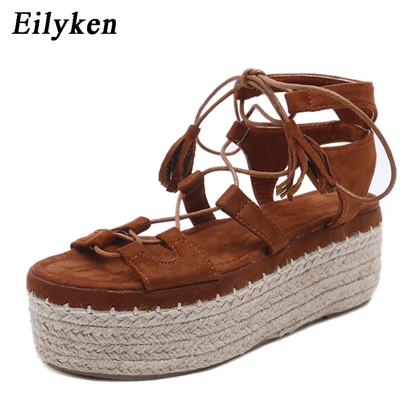 Eilyken женские босоножки на платформе летние женские вечерние туфли на высоком каблуке с открытым носком на шнуровке женская обувь коричневого и синего цвета Размеры 35-41