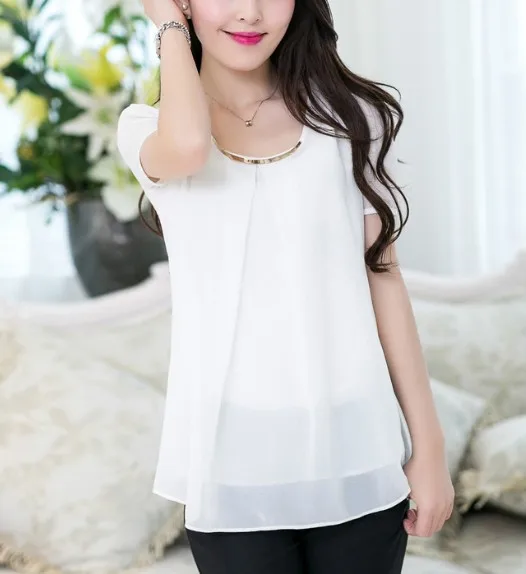 Корейские Новые Blusas Femininas размера плюс 4XL Элегантные короткие летние блузки белые тонкие складные прозрачные блузы, шифоновые рубашки женские топы - Цвет: White Short Sleeve