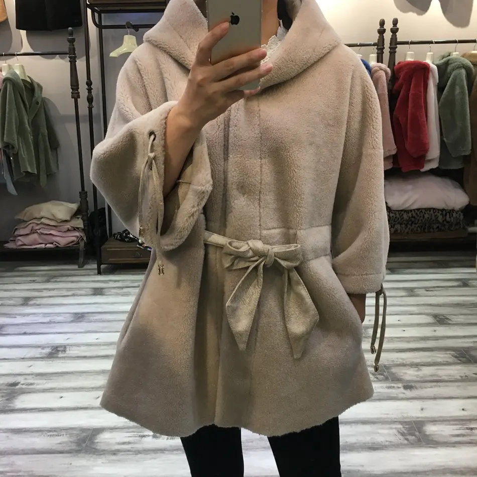 beige Женское меховое пальто стриженая овечья шерсть натуральное меховое пальто Зимняя теплая Натуральная Овечья шерсть Меховая куртка с капюшоном размера плюс женская одежда - Цвет: beige