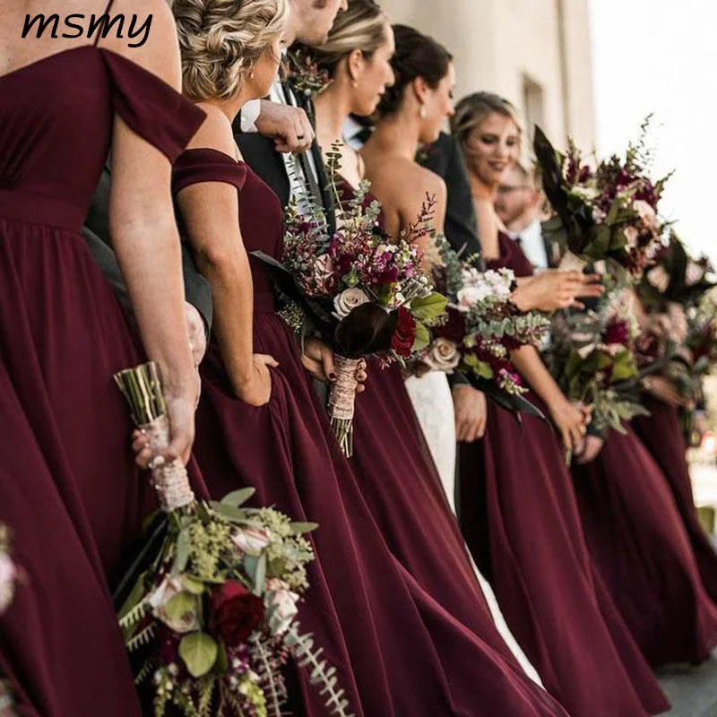 Простой A Line Спагетти ремни Дешевые Шифоновый с открытми плечами Бургундия