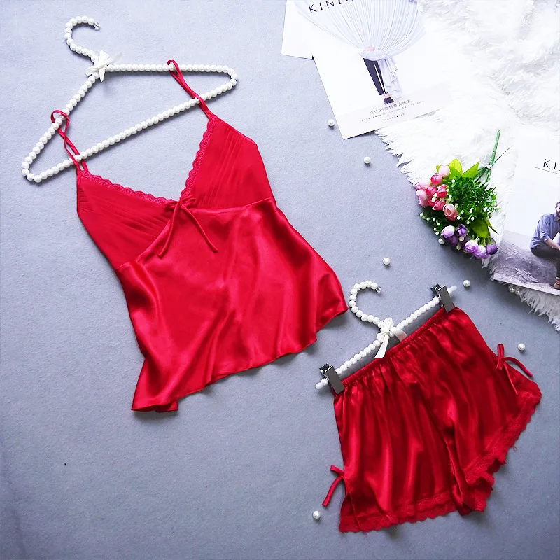 

FRESHING SUMMER SEXY SOLID LACE V-NECK PAJAMAS SET SILK SOFT SPAGHETTI STRAP NIGHTCLOTHES