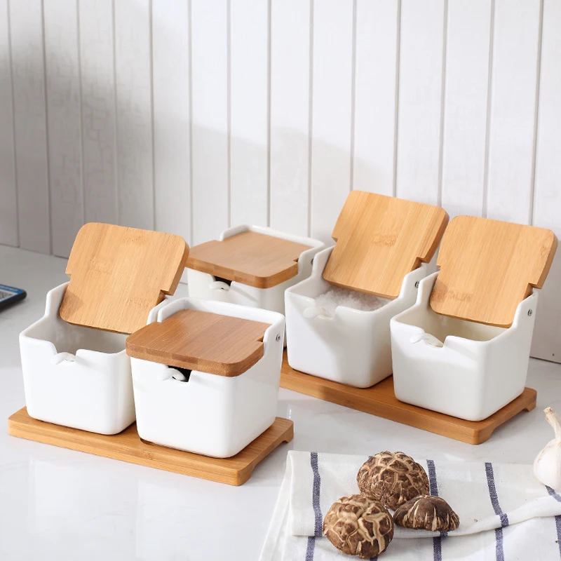

Nordic Style Ceramic Spice Tanks with Wood Bridge Shape Shelf Spoon Kit for Kitchen Accessories Tool Paprika Oil Salt Jar Gifts