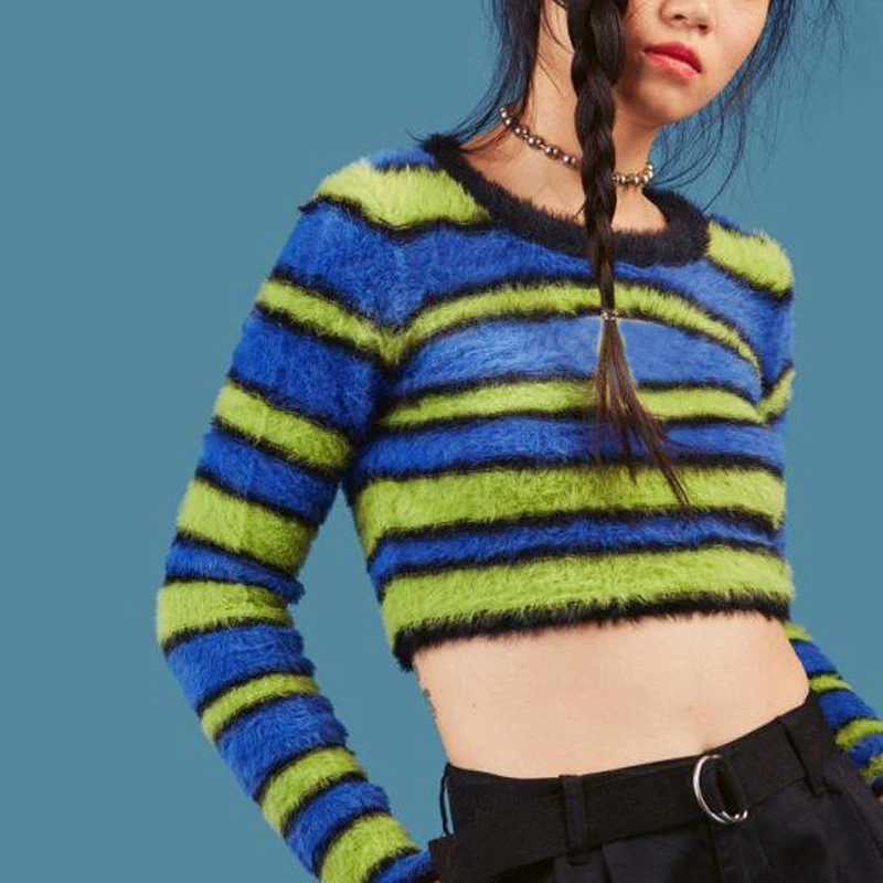 Street Fashion Vintage Furry Knitted Sweaters 2018 Autumn Winter Warm Striped Pullovers Female Long Sleeve Cropped Jumper Tops | Женская