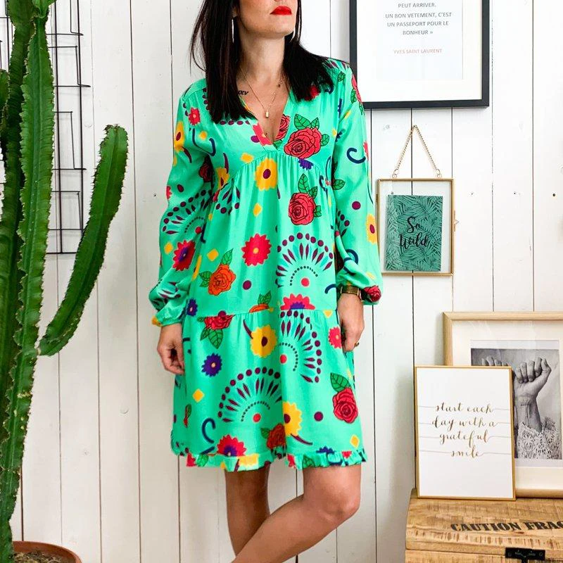 Длинные рукава свободные модные платья Цветочные пляжные вечерние повседневные