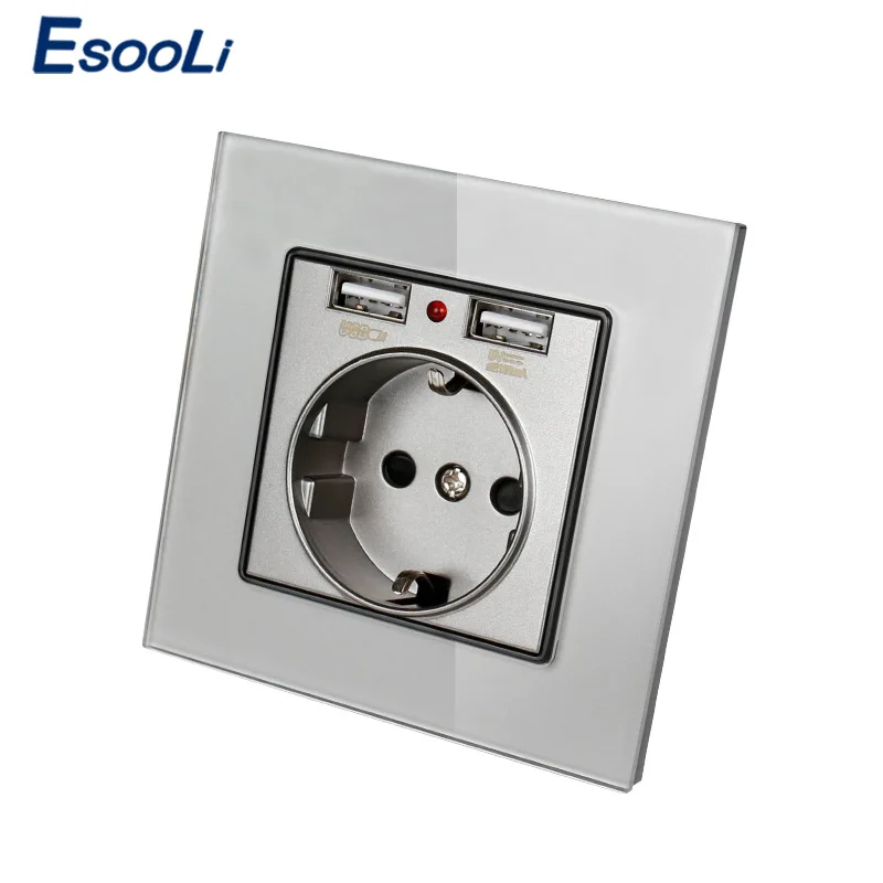 Розетка настенная Esooli с двойным USB-портом для зарядки 2 1 А 16 прозрачная стеклянная
